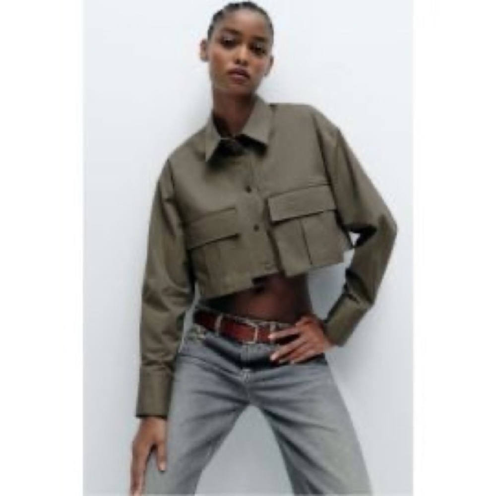 Zara Women’s Army Green Utility Jacket Cropped Style Women's Size Large
